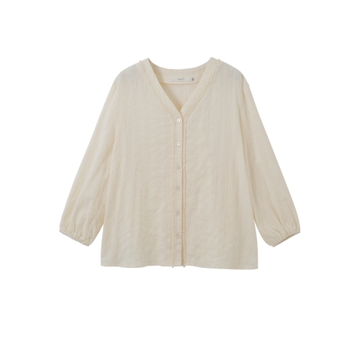V-collar foam sleeve lace shirt Korean version white Long Sleeve Shirt early autumn shirt 2019