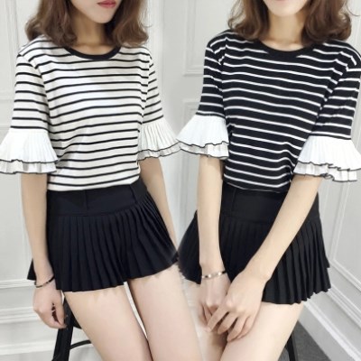 New Korean version of the Striped half-sleeve T-shirt jacket Han Fan loose-looking thin short-sleeved T-shirt for female students