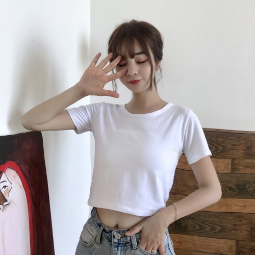 Korean version of short pure color leaky belly button stretch slim high Short Sleeve Tee woman