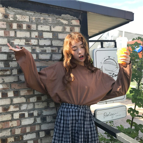 New Autumn 2018 Women's Fashion Creative Commuter Speaker Sleeve Round Colour Long Sleeve Loose Stitching Korean T-shirt