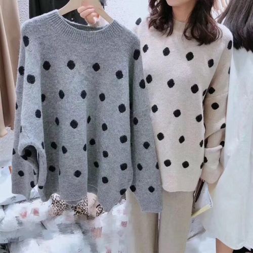 South Korea autumn and winter new loose and versatile Polka Dot round neck long sleeve Pullover Sweater bottoming blouse for women