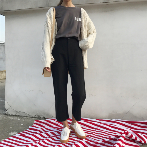 Actual photos of Korean women in autumn and winter retro wide-legged pants 2017 washed cotton high waist nine-minute pants casual pants