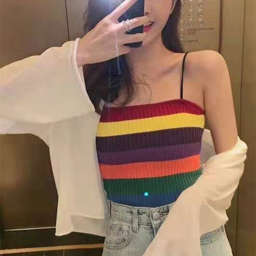 Miss's contrast solid color knitting rainbow strip Halter vest with wooden ears