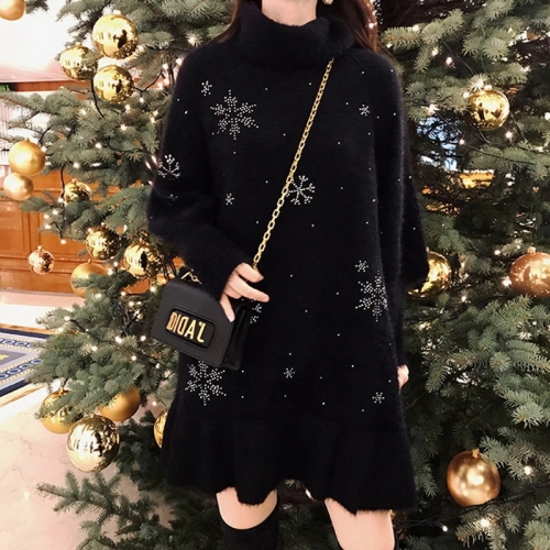Christmas high neck sweater dress early winter lazy wind lotus leaf edge Pullover New Year's Eve knitting skirt female