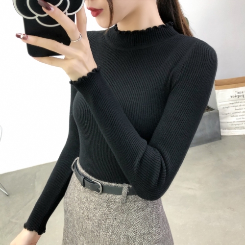 New slim fit half high collar Pullover women's long sleeve with tight wood ear edge knitting bottoming shirt in autumn and winter 2019