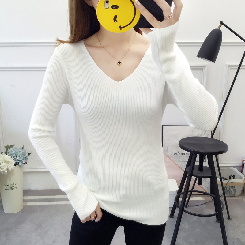 Real-time ~autumn and winter clothes base 100 sets of pure-color V-collar skinny knitted soft core-spun yarn jacket bottom shirt