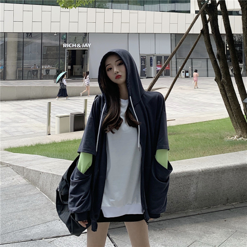 Real photo real price women's fashion loose Korean lazy fake two color contrast hooded zipper coat Long Sleeve Top