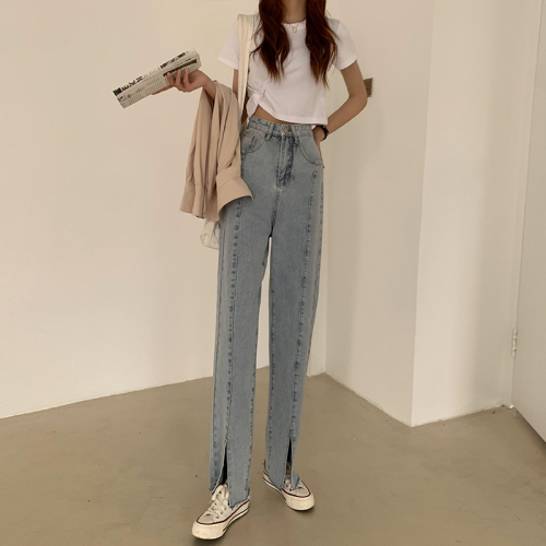 Real shot split jeans women's straight loose wide leg pants new autumn Hong Kong style high waist floor pants