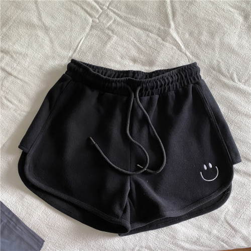 Comfortable fabric embroidered sports shorts women's summer new loose elastic waist word wide leg casual hot pants