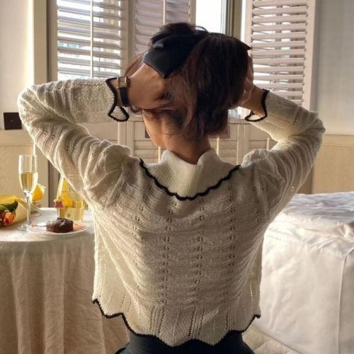 French doll collar Vintage heavy industry hollow out hook flower long sleeve T-shirt women's thin single breasted loose cardigan coat