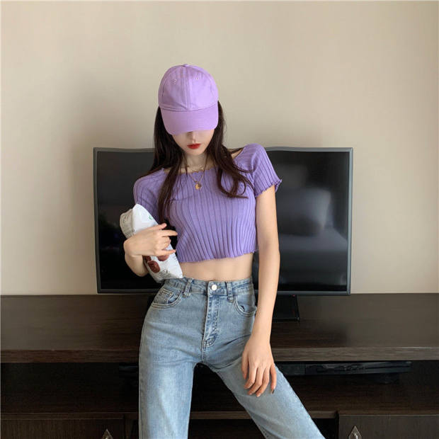 Black short short sleeve tight knit T-shirt for women spring / summer 2020 new slim top with open navel