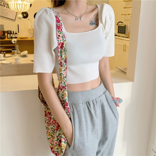 Real price Korean square collar versatile short slim bubble sleeve short sleeve T-shirt multi color knitting top female