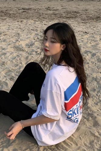 ~Retro chic style summer letters front and back print loose T-shirt short sleeve Korean girl 2021