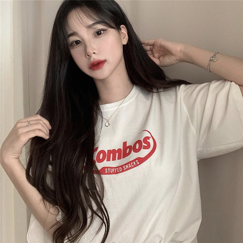 ~Goddess yyds retro academy letter print Short Sleeve White T-Shirt Top chic South Korea spring and summer