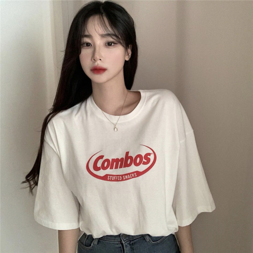 ~Goddess yyds retro academy letter print Short Sleeve White T-Shirt Top chic South Korea spring and summer