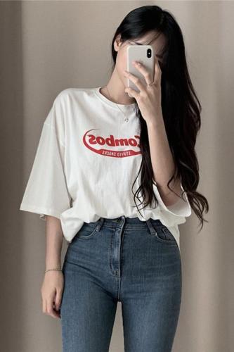 ~Goddess yyds retro academy letter print Short Sleeve White T-Shirt Top chic South Korea spring and summer
