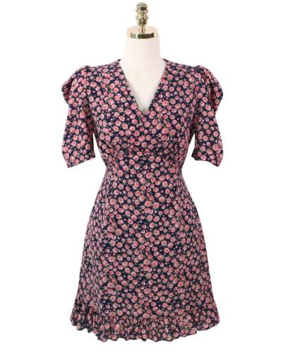 Floral Chiffon Dress Age reduction rose collar small fresh bubble short sleeve waist size dress