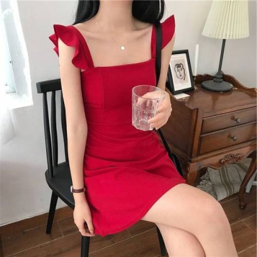 Summer new fashion slim sexy open back dress small fresh ear side sling skirt