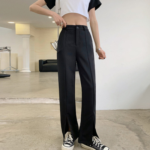 Real shot black front split suit pants women's drooping feeling high waist show thin wide leg straight pants spring and summer