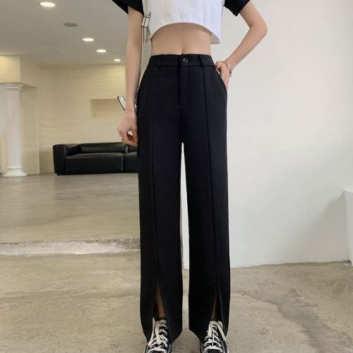 Real shot black front split suit pants women's drooping feeling high waist show thin wide leg straight pants spring and summer