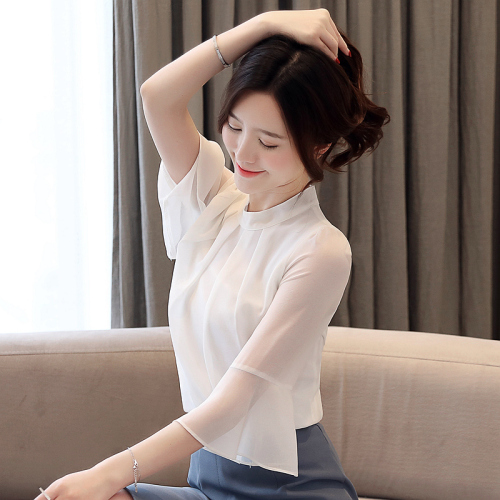 Real beat trumpet sleeve solid color chiffon blouse summer Korean version loose 5-sleeve bottom coat
