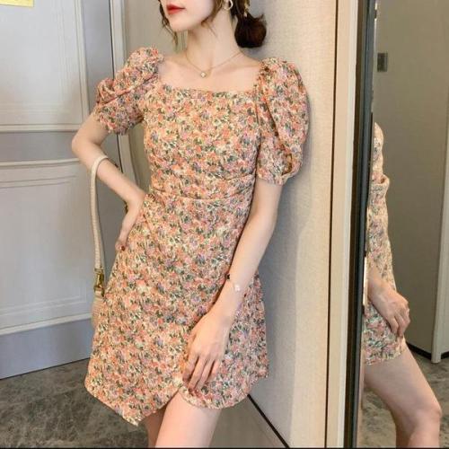 Summer new French foam sleeve square neck floral dress for women