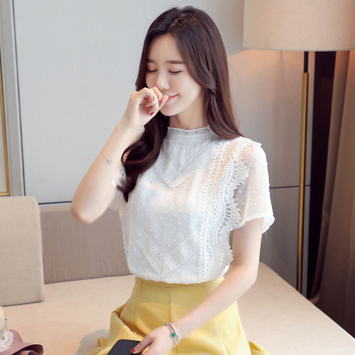 South Korean white short lace bottomed shirt women's 2021 summer new Korean Style Short Sleeve Chiffon shirt women's top