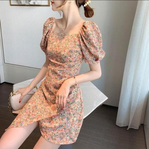 Summer new French foam sleeve square neck floral dress for women