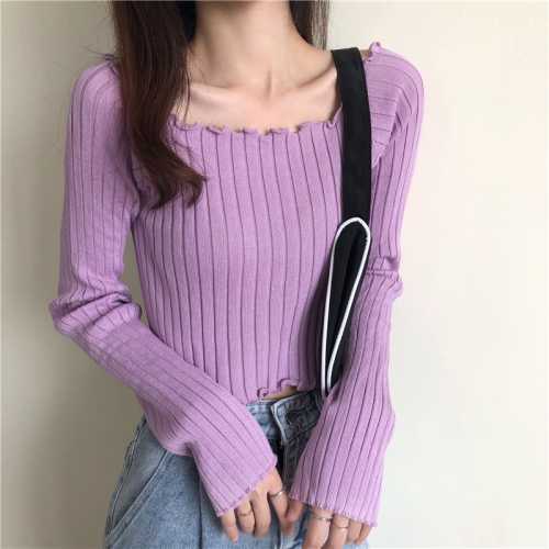 New style square collar lace knitted open navel slim long sleeve women's top in autumn 2020