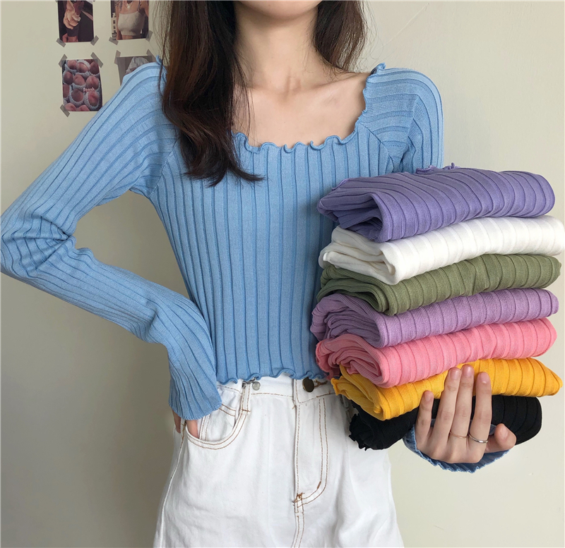 New style square collar lace knitted open navel slim long sleeve women's top in autumn 2020