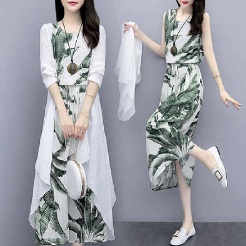 Hemp dress loose national style ink painting two piece linen knee vest suit skirt