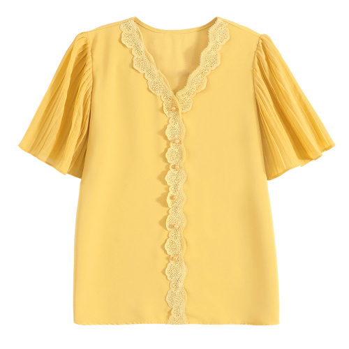 New style Summer Fashion Chiffon Blouse women's short sleeve top loose horn sleeve V-neck westernized blouse