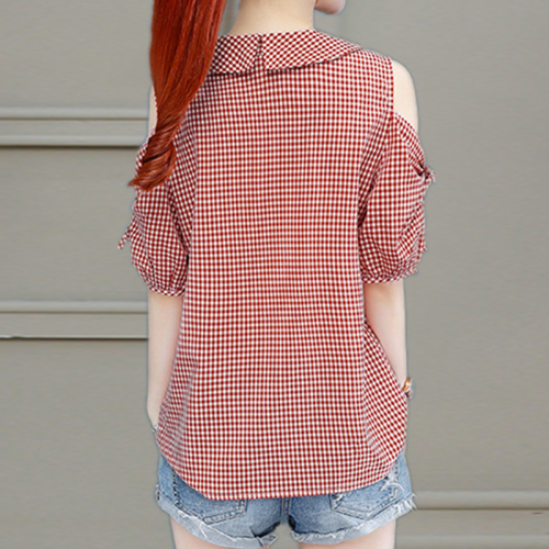 2021 new shirt women's summer thin short sleeve off shoulder light mature design fashion of minority Check Shirt Top