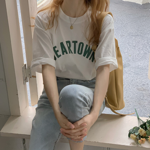Real price real shot Korean loose thin letter printing round neck Pullover T-shirt