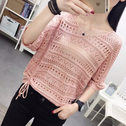 Spring and summer new net red top foreign style sweater women's hollow out bright silk drawstring fashion Batman thin sweater