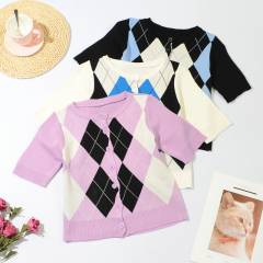 Real price Korean retro classic rhombic contrast short knitted cardigan short sleeve top