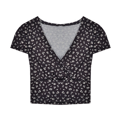 Short open navel casual deep neck floral short sleeve T-shirt women's wear