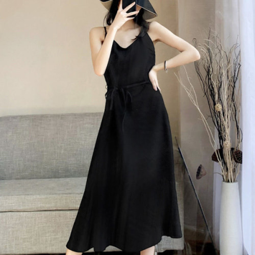 Black chiffon suspender dress women's spring and summer mid length air show thin inside with base skirt outside