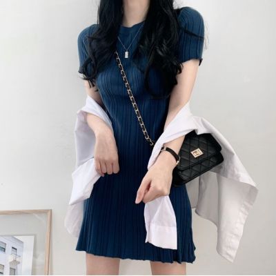 Round neck multi color pit stripe short sleeve knitted dress
