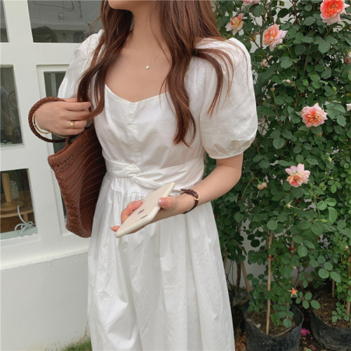 Real shot! Summer light ripe wind French retro square collar exposed clavicle cross bow tie dress women's dress