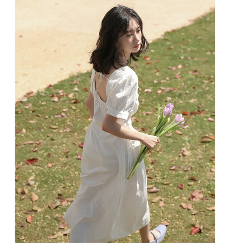 Real shooting summer new pure cotton hook flower lace square collar organ pleated Pleated Dress pure white long skirt
