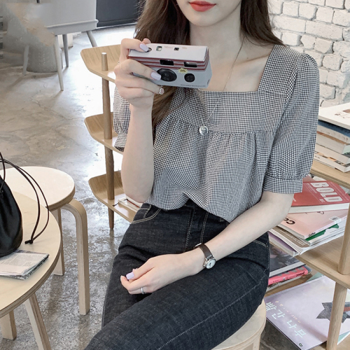 Watch out for machine exposed collarbone square neck Short Sleeve Plaid Shirt women's  summer Japanese sweet age reducing small fresh versatile top
