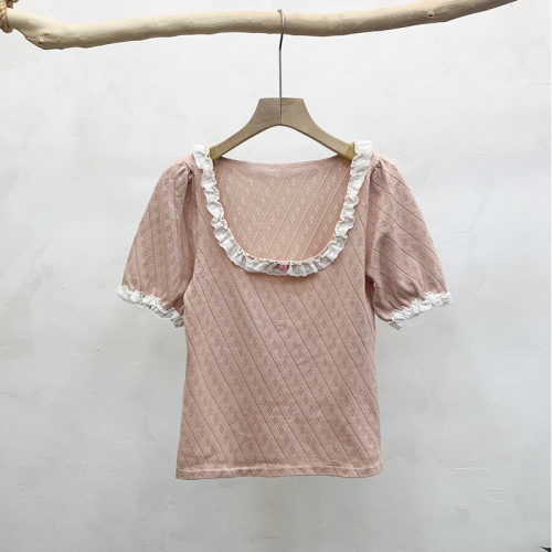 Pink ice silk T-shirt short sleeve women's summer French design big round neck bubble sleeve clavicle thin top