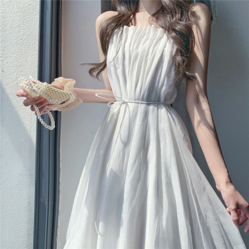 White suspender dress women's summer dress new French retro niche first love temperament knee length skirt