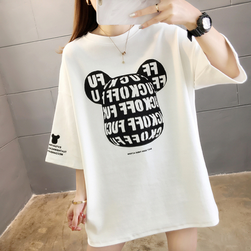 Real shot summer new Korean fashion round neck cartoon letter printing loose size women's fat mm short sleeve T-shirt