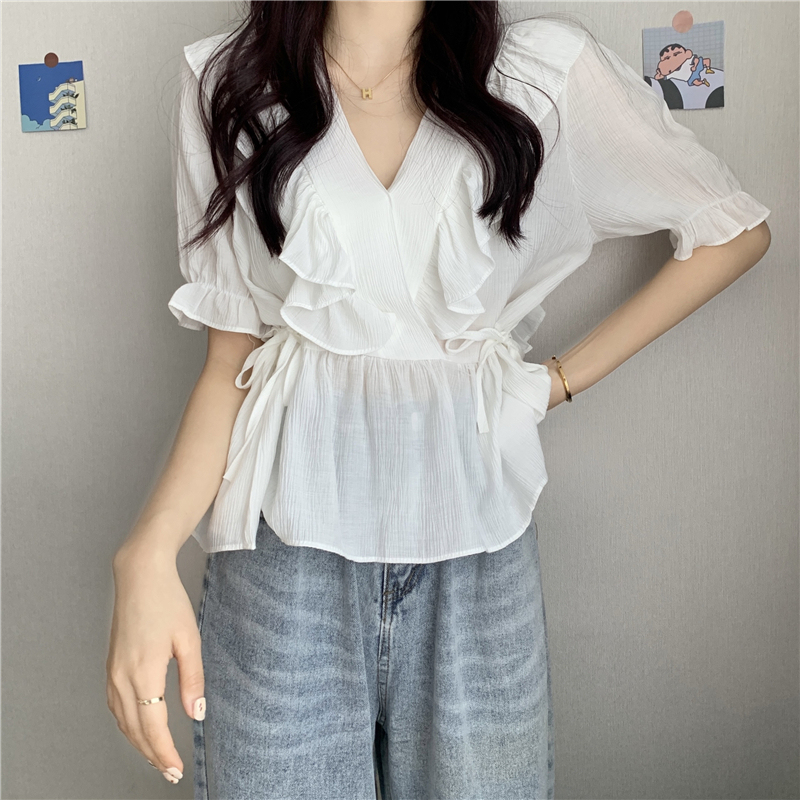 Real price ~ summer sweet fungus edge V-neck baby shirt top lace up waist short sleeve shirt girl