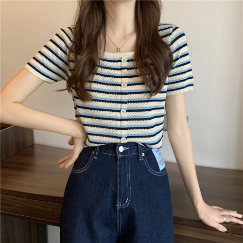 Summer net red knitted short sleeve women's fashion design thin striped T-shirt slim square collar short top