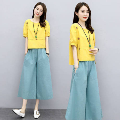 Hemp suit women's summer new style foreign style age reducing temperament net red fashion casual pants two piece wide leg pants