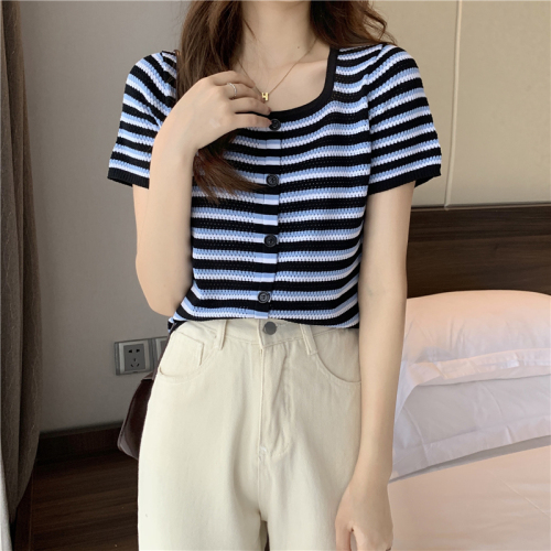 Summer net red knitted short sleeve women's fashion design thin striped T-shirt slim square collar short top