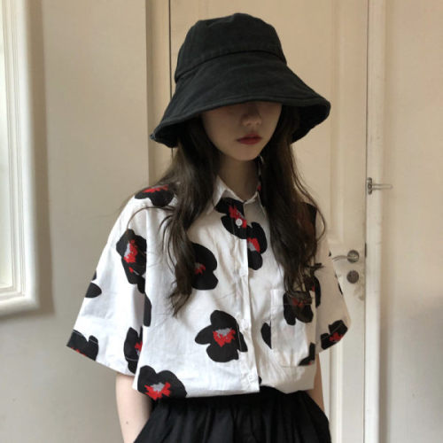 Official website: printed shirt women's Retro Hong Kong Style  summer new Korean loose design Short Sleeve Shirt